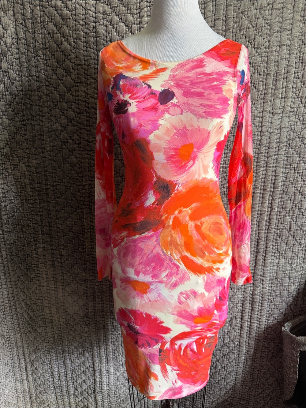 Floral Scoop-Neck Midi Dress in Pink & Orange